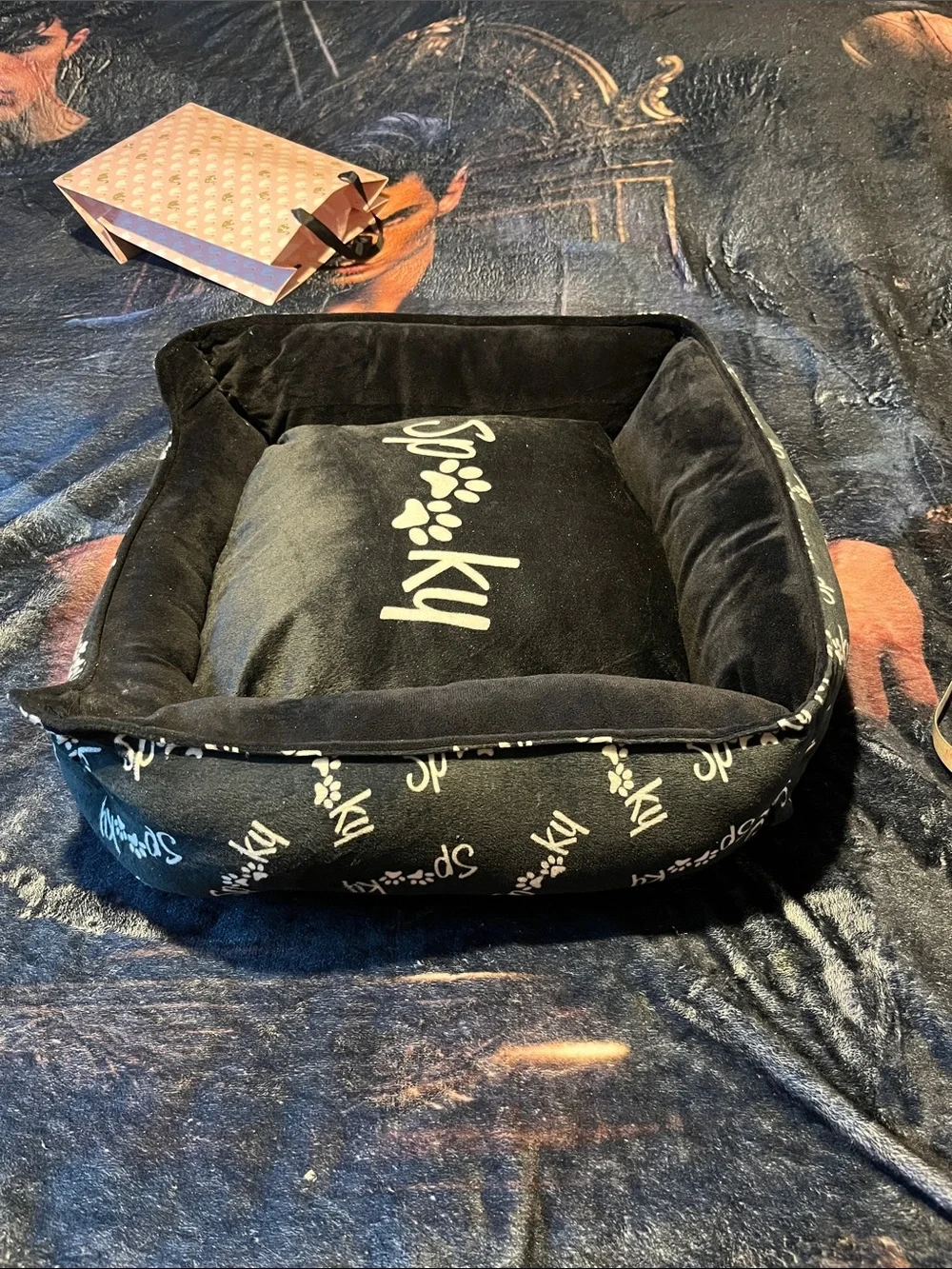 Plush Black Dog Bed with Paw-Print Accent